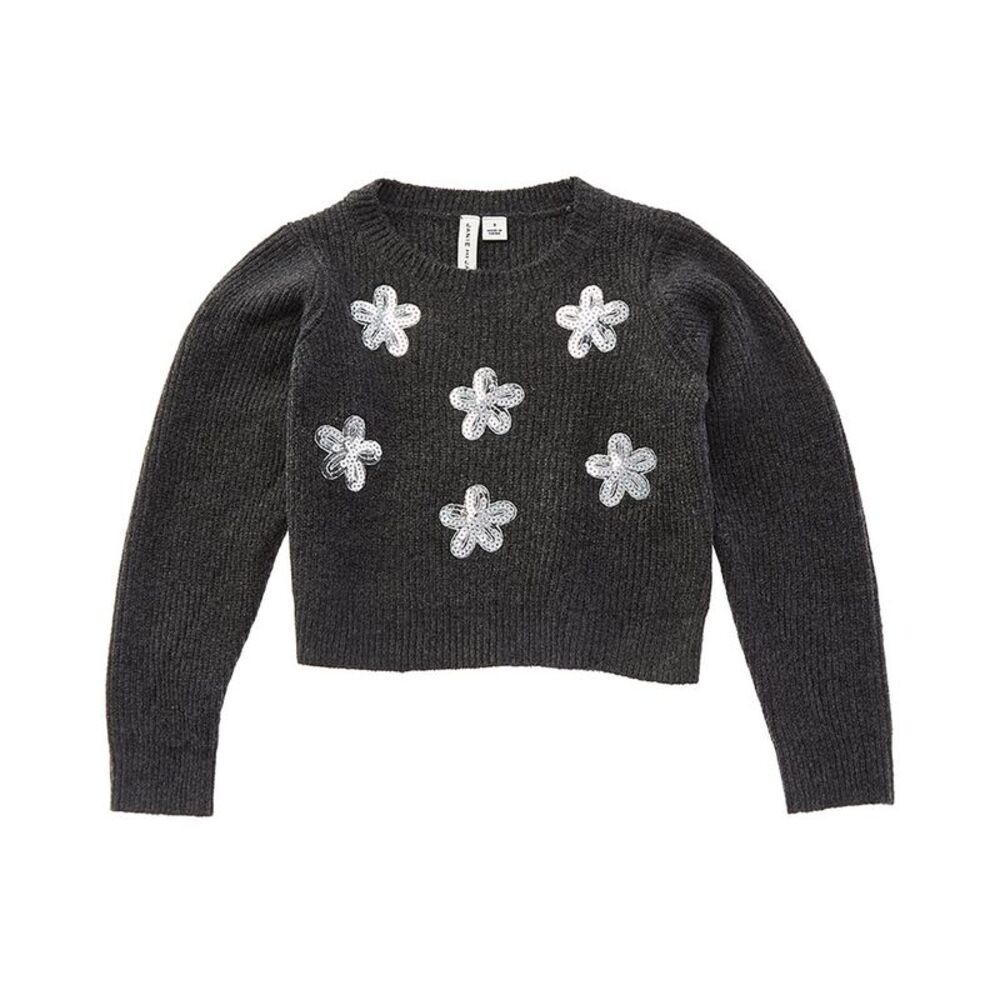 Janie And Jack Girls The Sequin Flower Sweater, Grey